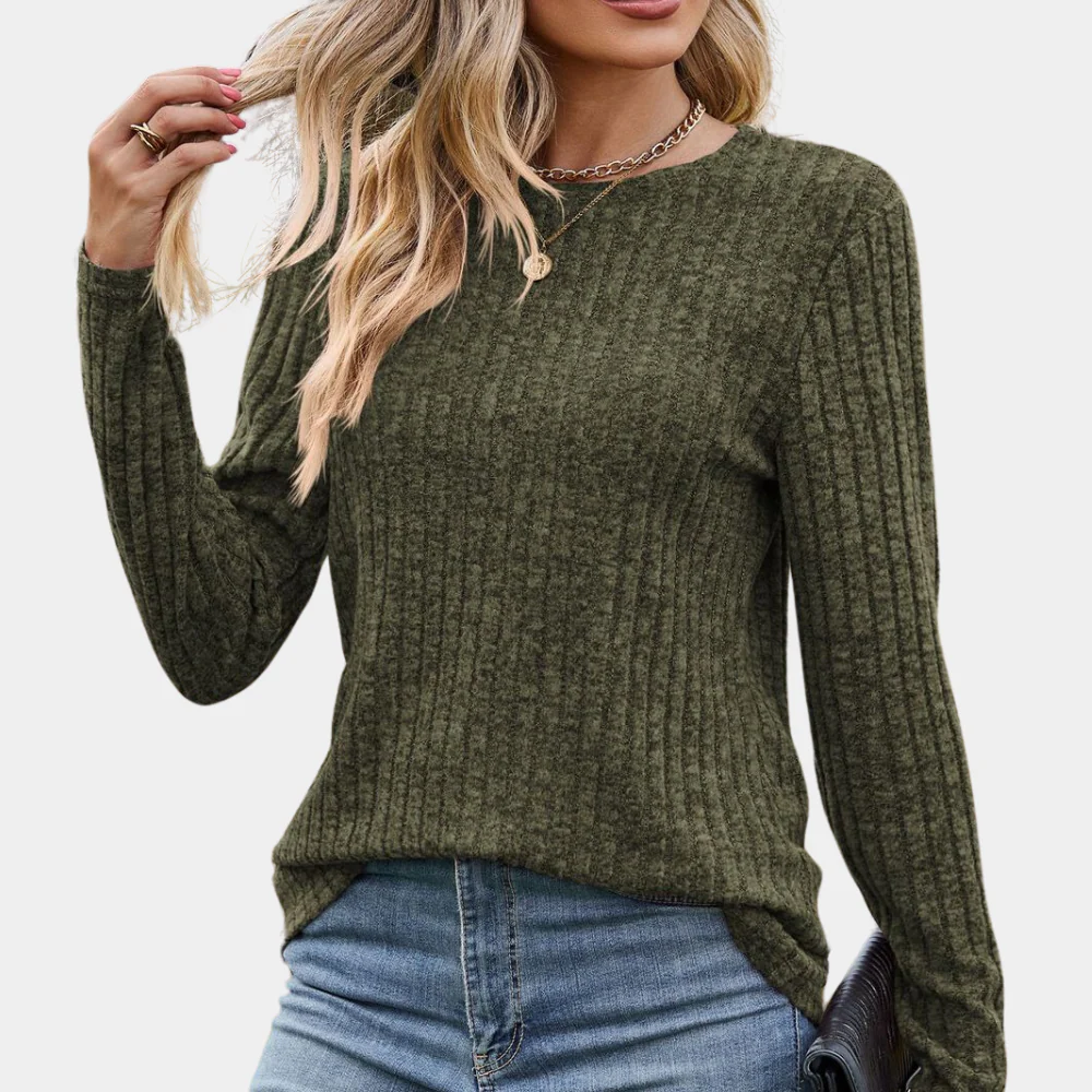 Women's Ribbed Long Sleeve Top with Round Neck