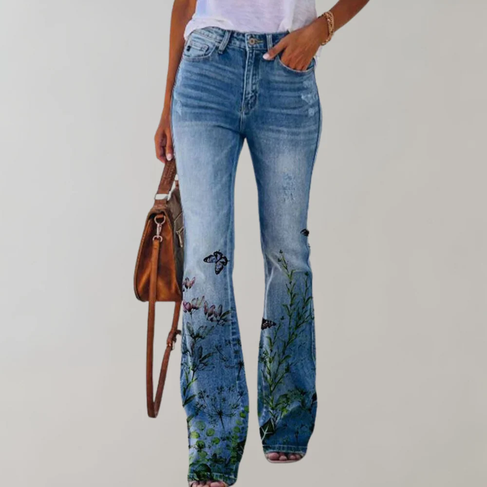 High-Rise Floral Print Flared Jeans for Women