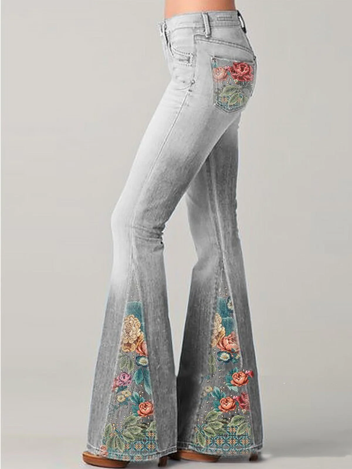 High-Waisted Ombre Floral Flared Jeans for Women