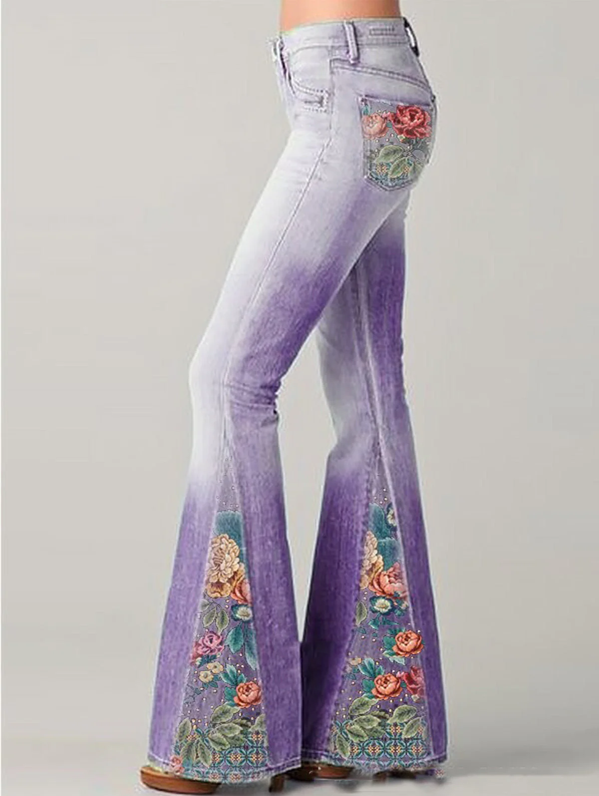 High-Waisted Ombre Floral Flared Jeans for Women