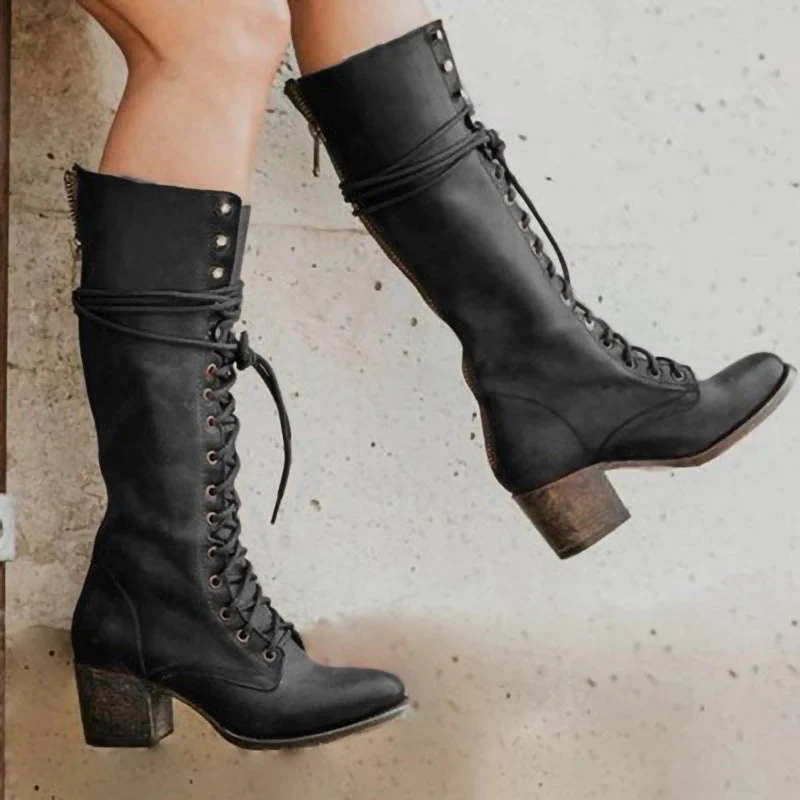 Women's Lace-Up Knee-High Boots with Mid Block Heel