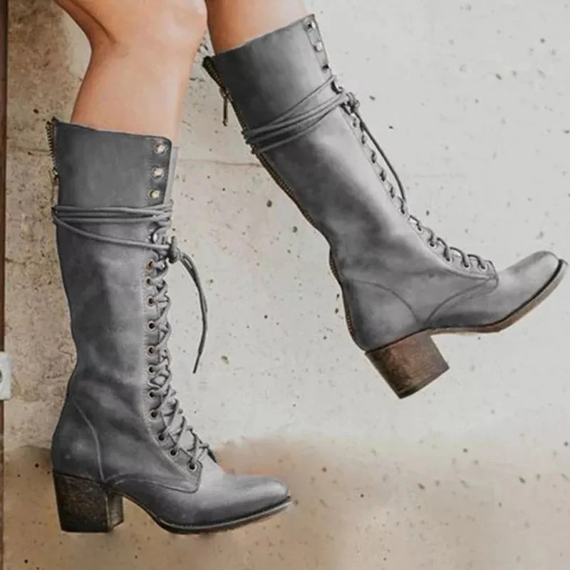 Women's Lace-Up Knee-High Boots with Mid Block Heel