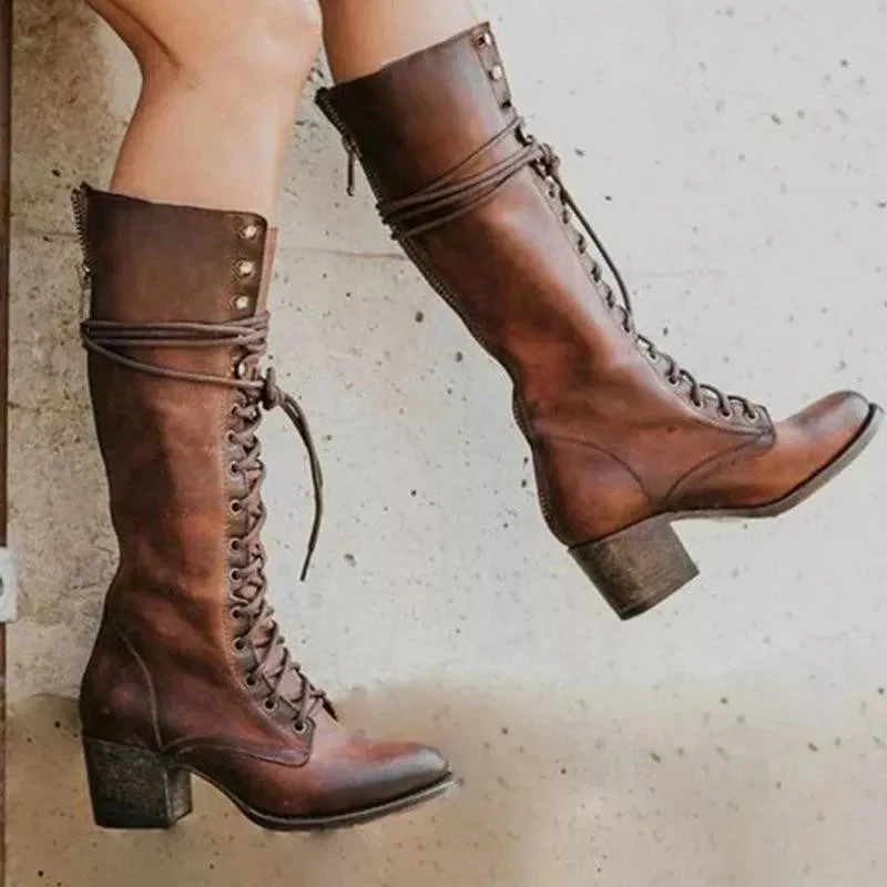 Women's Lace-Up Knee-High Boots with Mid Block Heel