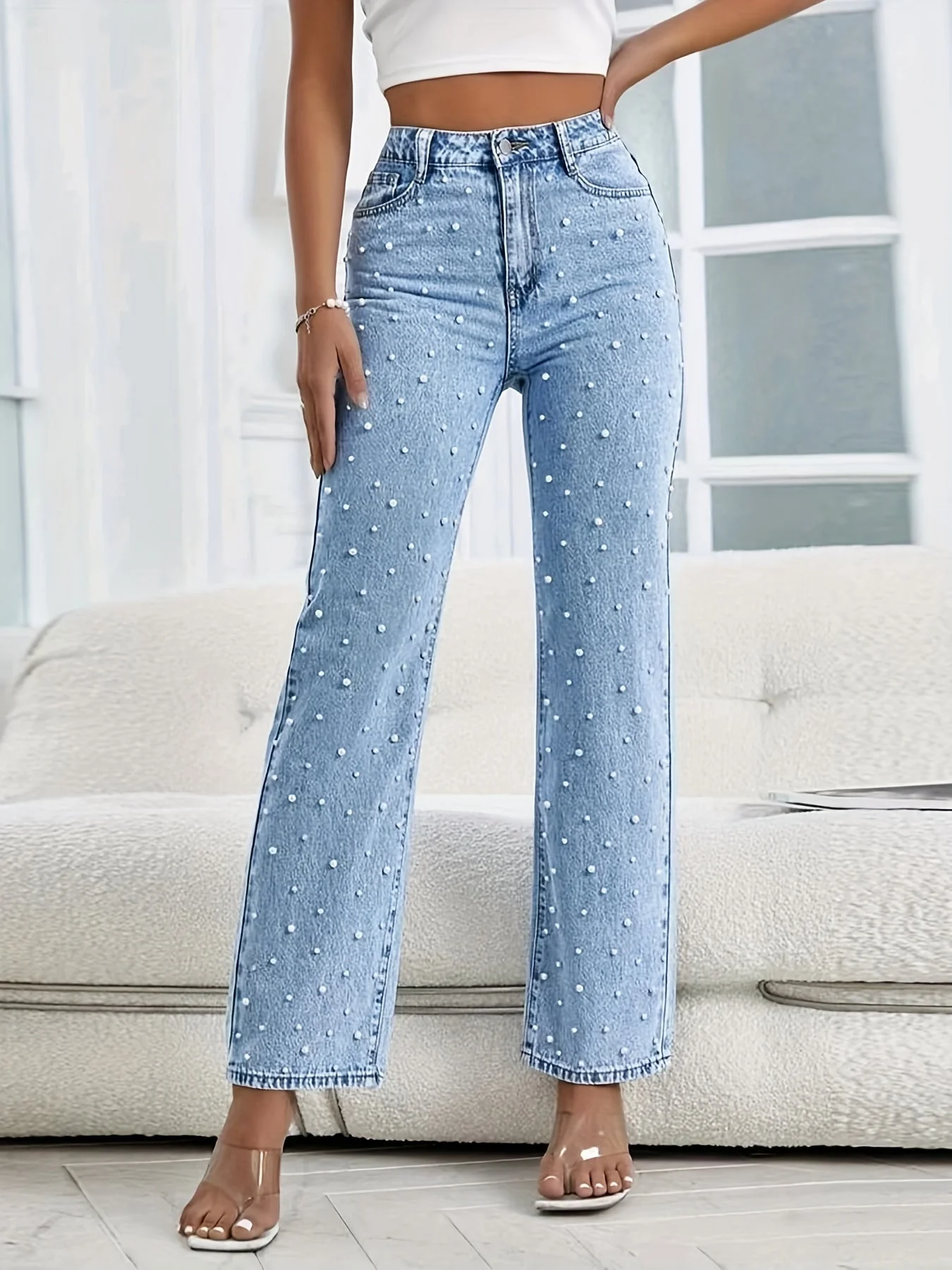 Light Blue Straight-Leg Pearl-Embellished Jeans for Women