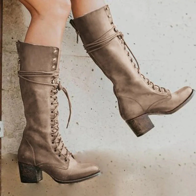 Women's Lace-Up Knee-High Boots with Mid Block Heel