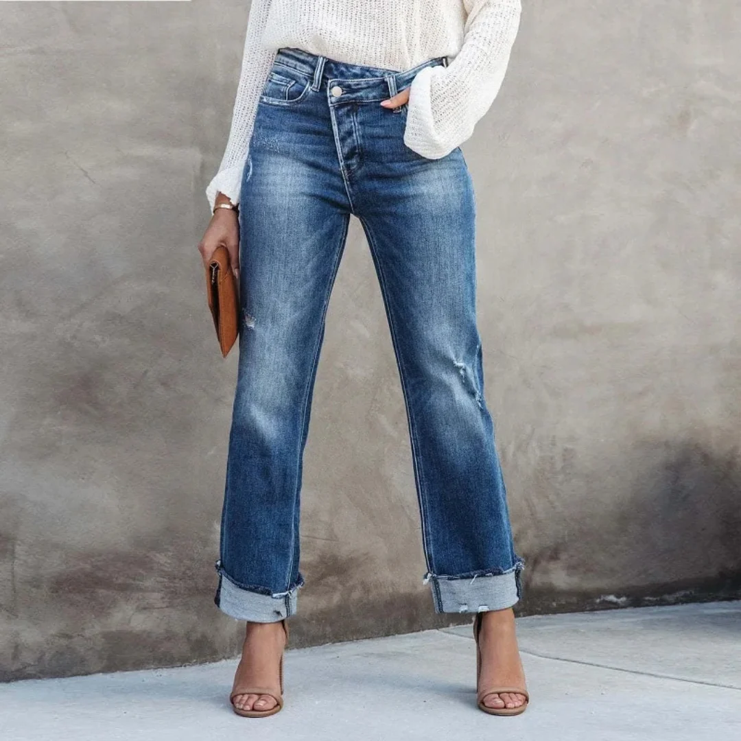 Raised-Waist Straight-Leg Rolled-Cuff Faded-Wash Jeans for Women