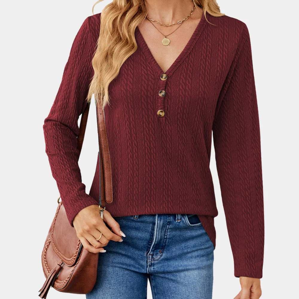Women's Cable Knit Long Sleeve Top with V-Neck