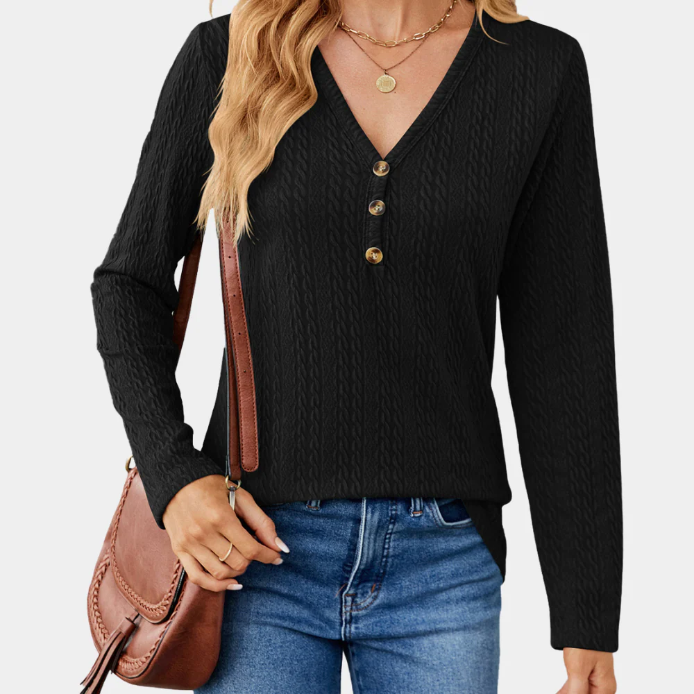 Women's Cable Knit Long Sleeve Top with V-Neck