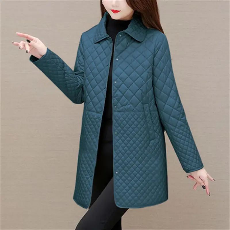 Women's Quilted Jacket with Fold-Down Collar and Button Front