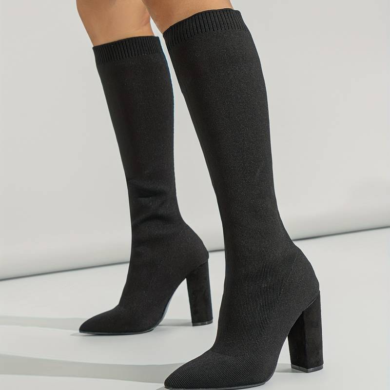 Women's Sock-Fit Knee-High Boots with High Block Heel
