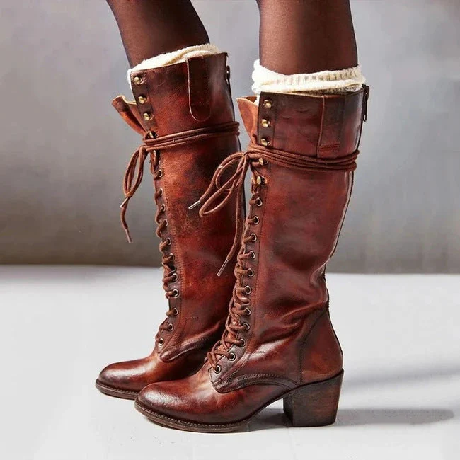 Women's Lace-Up Knee-High Boots with Mid Block Heel