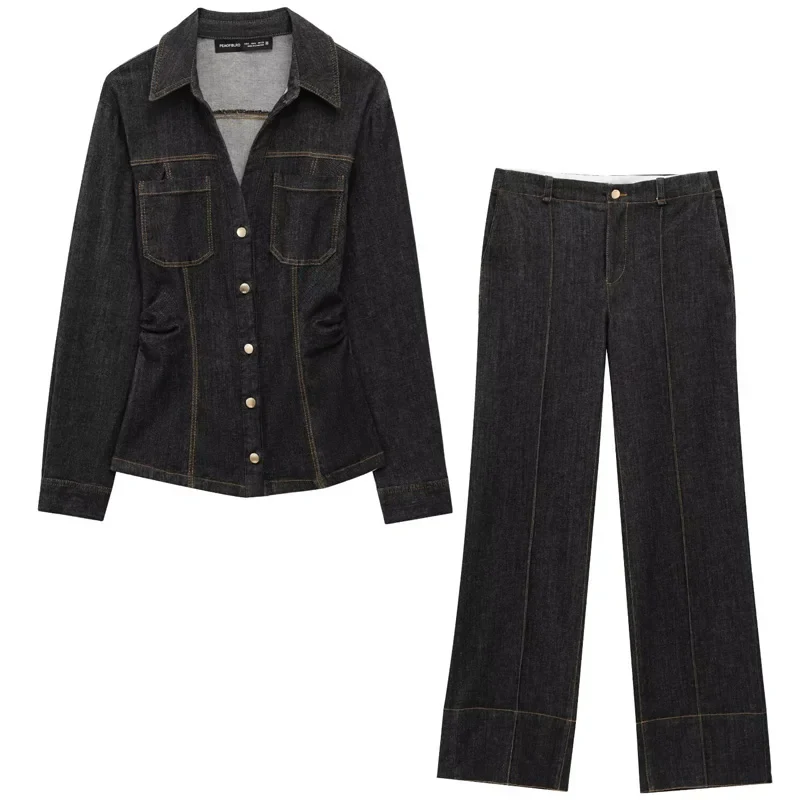 Women’s Black Two-Piece Set with Long Sleeve Shirt and Flared Trousers