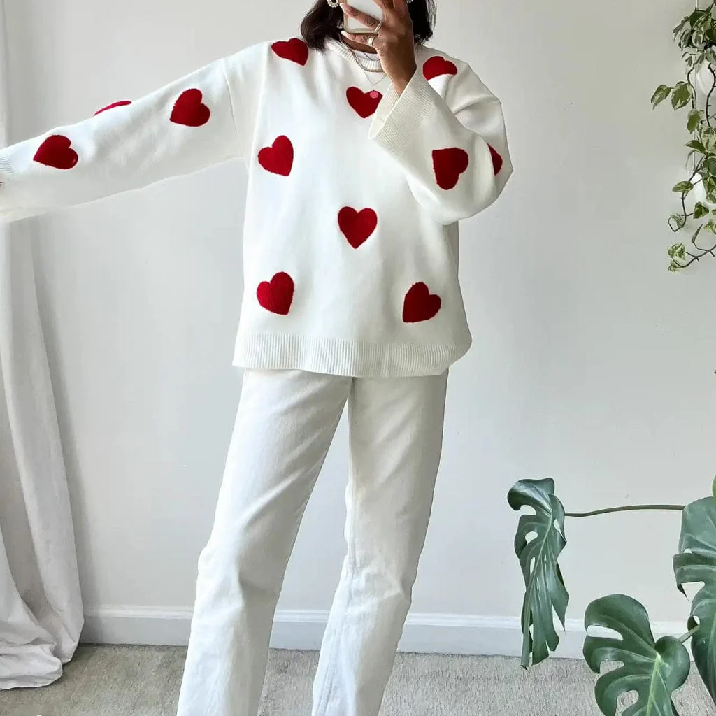 Heart Print Crew Neck Sweater for Women